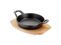 18cm Pre-seasoned Round Cast Iron Serving Dish Pan with Wooden base