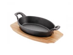 22cm Pre-seasoned Oval Cast Iron Serving Dish Pan with Wooden base